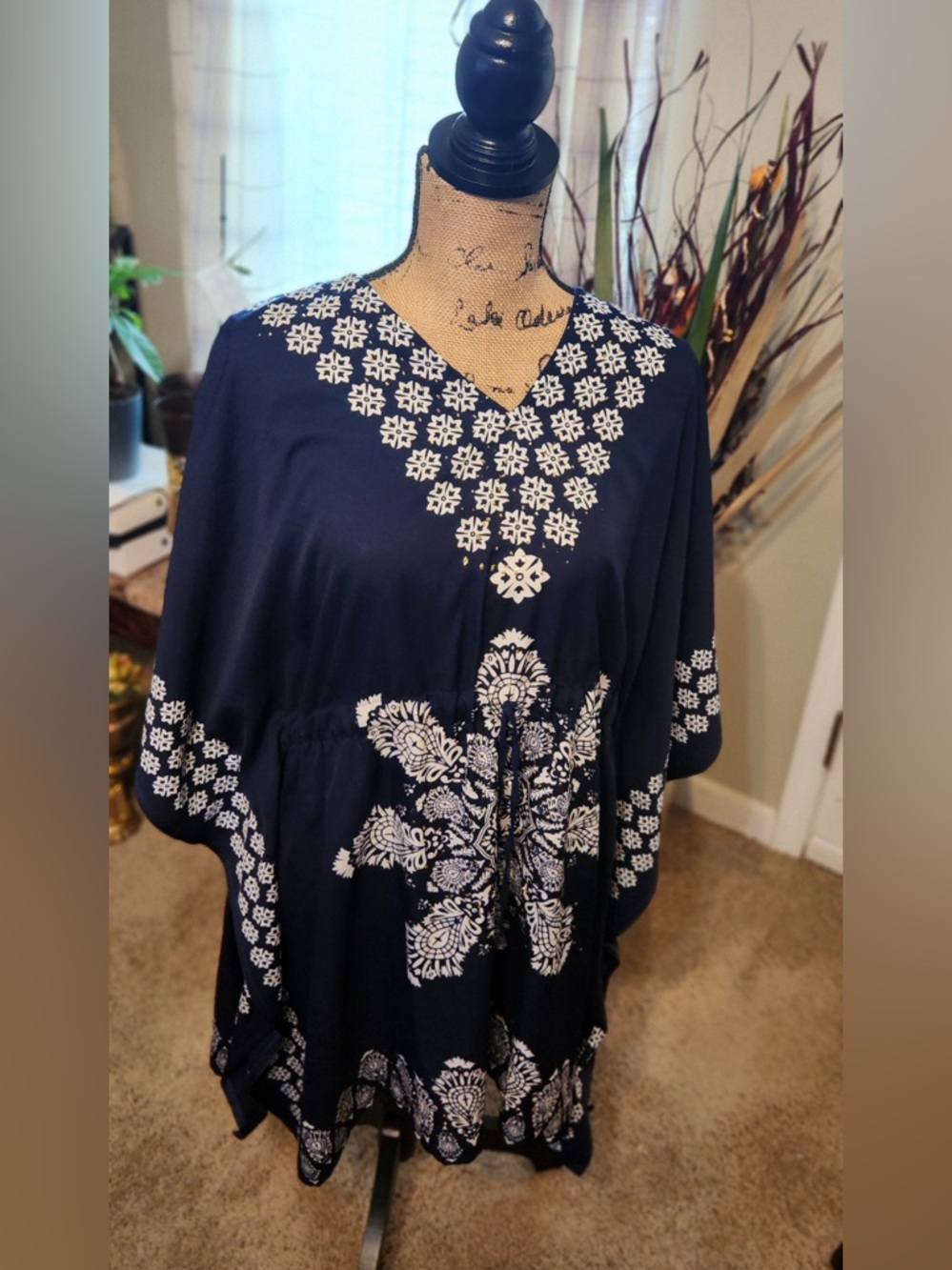 Navy & White Printed Drawstring Top with Gold Accents